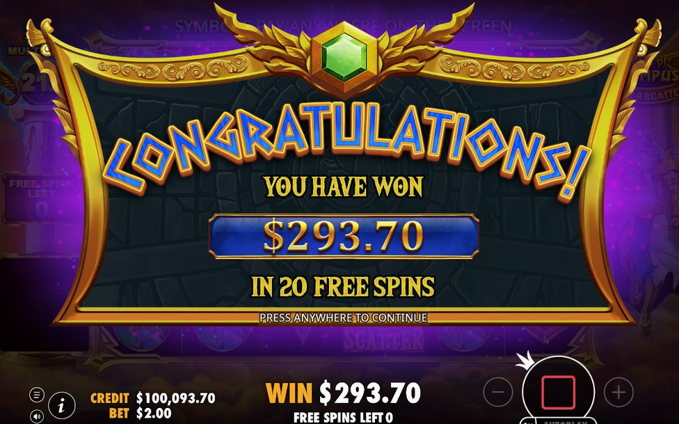 A win screen after several tumbles on the grid