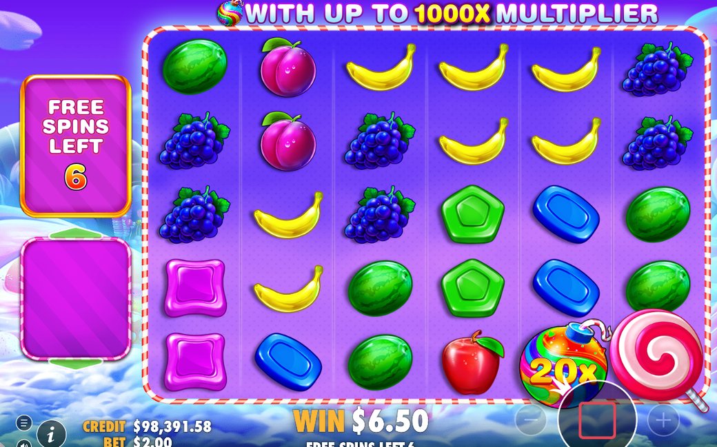 Free Spins mode, with multiplier bombs on the reels